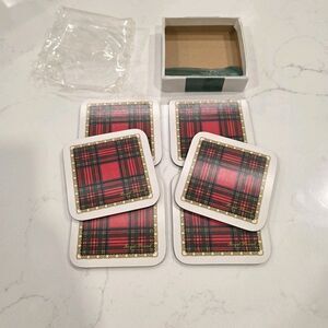 Melamine Coasters Tartan Plaid Cork Back 6 Pc Castle Royal Stewart Scotland Red